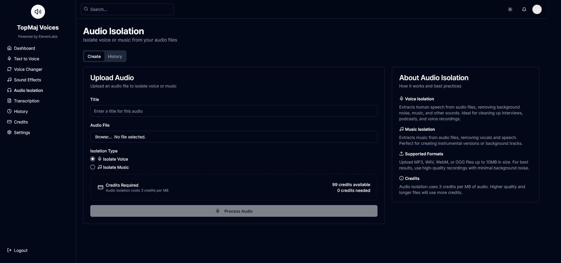Audio Isolation feature demonstrating separation of vocals and music from a track.