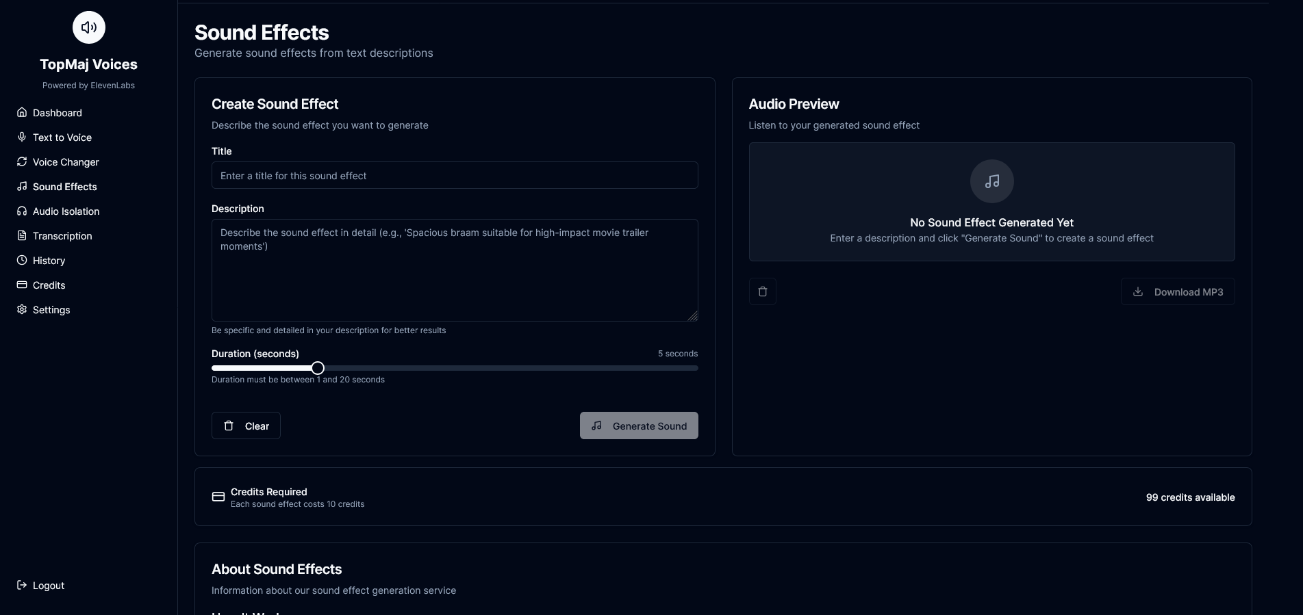 Sound Effect generation panel with text input for description and sound output.