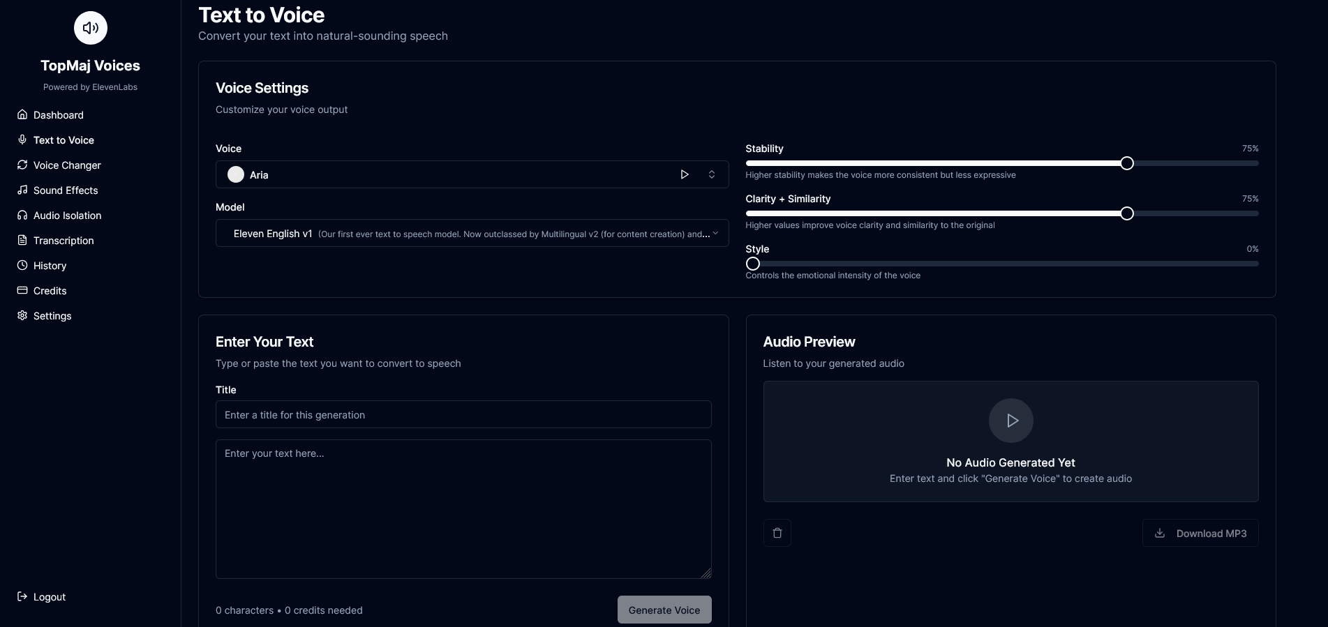 Interface of Text to Voice feature showing text input and voice output controls.