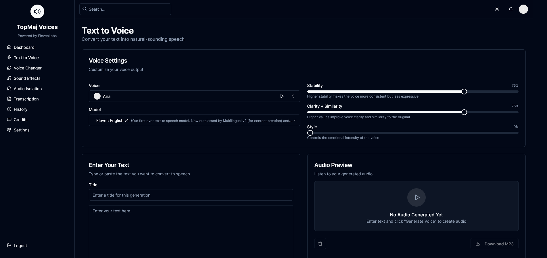Voice Changer tool showing various voice effects and customization options.